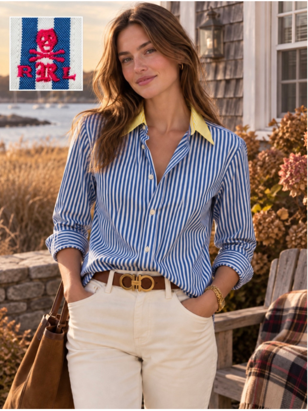 Y2K Ralph Lauren Rugby Women’s 12 Blue Stripe Oxford Shirt Yellow Collar Skull